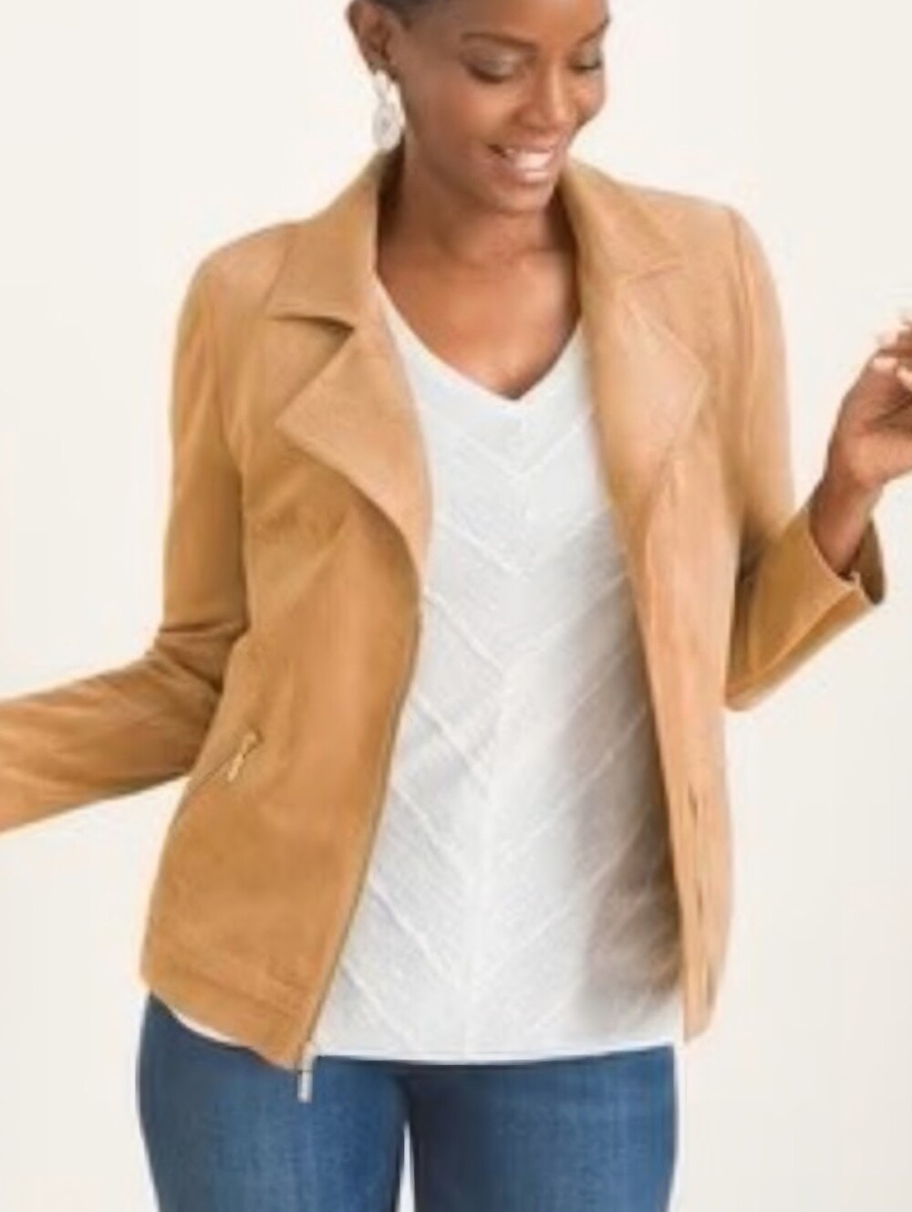 CHICO'S Tan Faux Vegan Suede Cropped Full Zip Moto Jacket/Coat Women's SZ  L/12